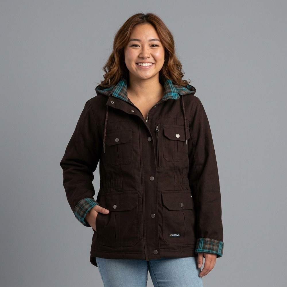 Berne Work Jacket Womens Size XL Brown Canvas Hood Plaid Quilt Lined Chore Coat